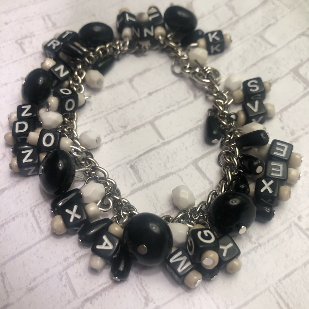 Black letters words bead alphabet charm bracelet